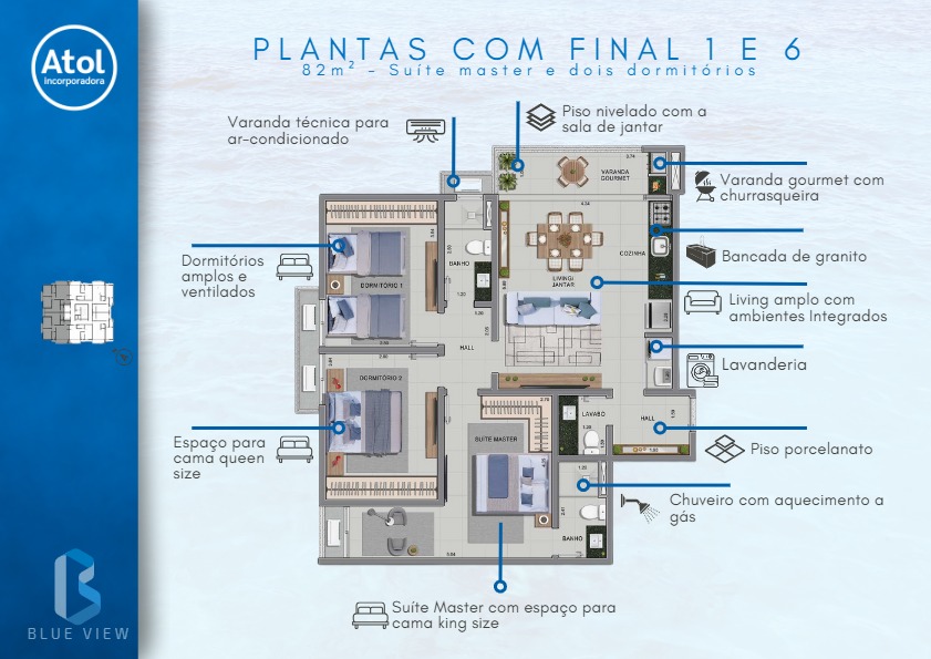 Planta - Residencial Blue View Apartamento com 67m², com 2 dormitórios - Martim de Sá - Rafael Melo
