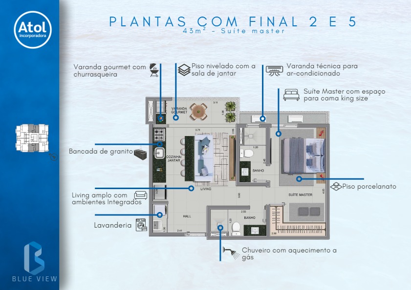 Planta - Residencial Blue View Apartamento com 67m², com 2 dormitórios - Martim de Sá - Rafael Melo