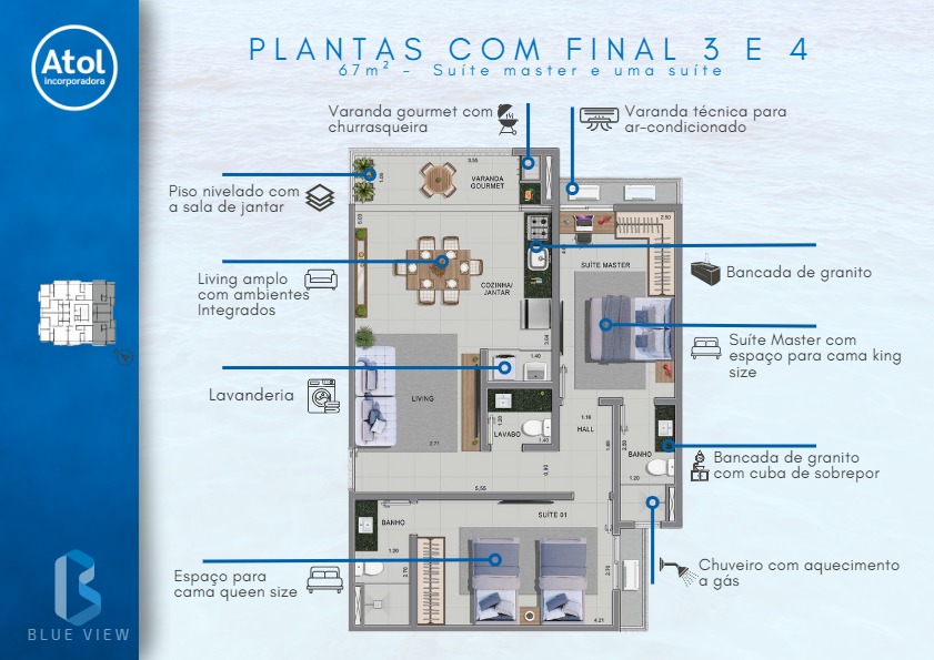 Planta - Residencial Blue View Apartamento com 67m², com 2 dormitórios - Martim de Sá - Rafael Melo